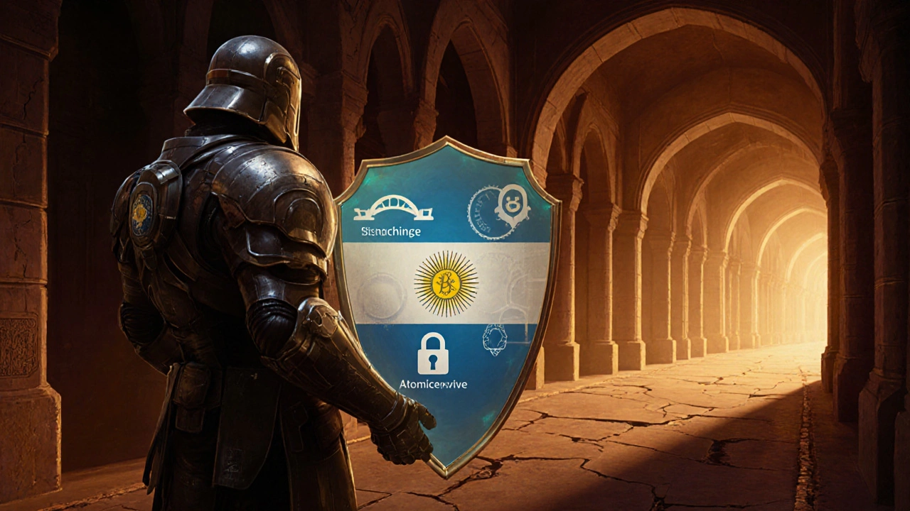 Pintura conceptual de un guardián con escudo que protege diferentes soluciones de interoperabilidad.
