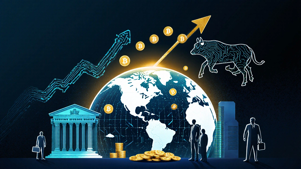 Arte abstracto que combina símbolos macroeconómicos y tokens de criptomonedas con toros ascendentes.