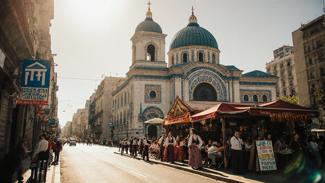 Calle porteña con la Iglesia ortodoxa griega y gente disfrutando comida y danza.