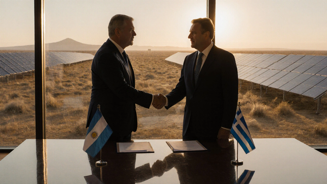 Delegados de Argentina y Grecia firman un acuerdo de energía renovable.