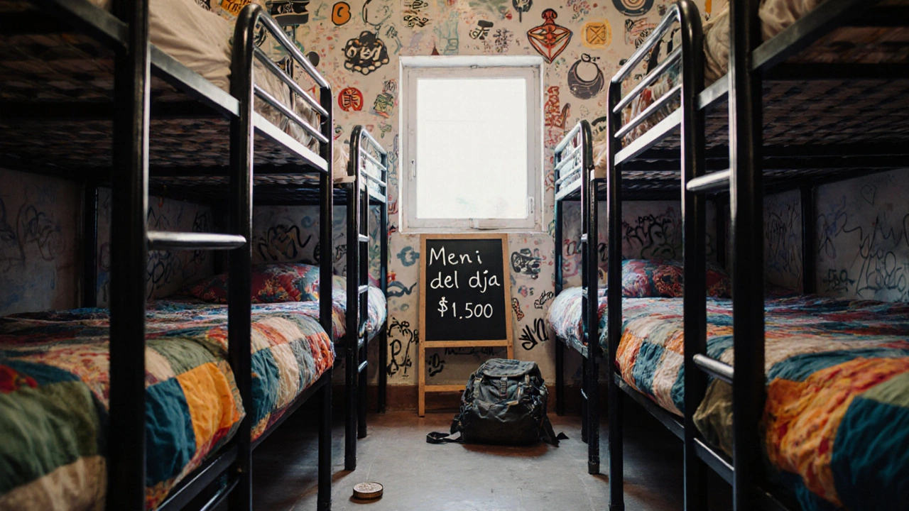 Dormitorio de hostal en Buenos Aires con literas, mural colorido y señal de menú del día.