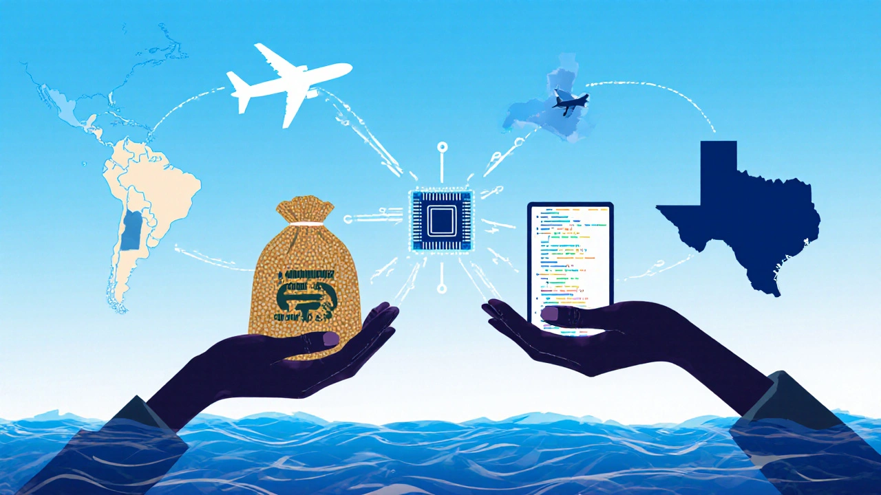 Dos manos cruzando el océano intercambiando soja y tecnología digital.