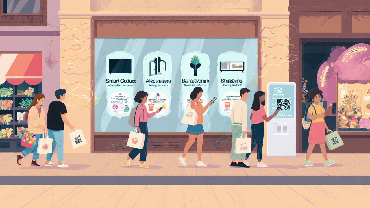 Escena de calle comercial en Buenos Aires con tienda que muestra gadgets, alimentos locales y promociones de streaming.