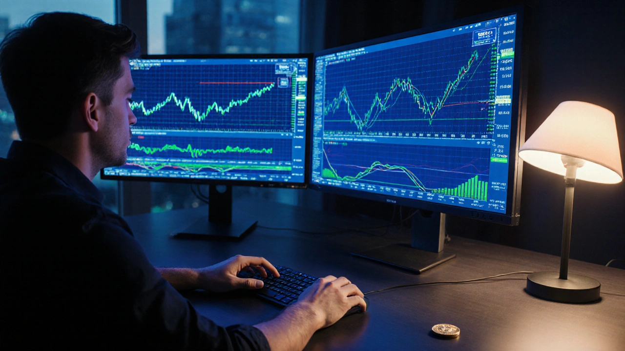 Escena nocturna de un trader analizando gráficos de criptomonedas con indicadores técnicos.