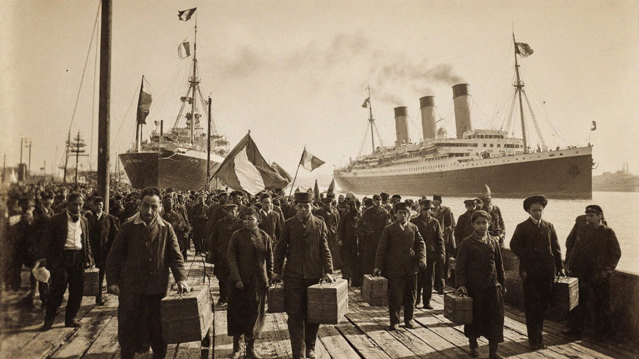 Escena vintage de inmigrantes italianos llegando al puerto de Río de Janeiro a finales del siglo XIX.
