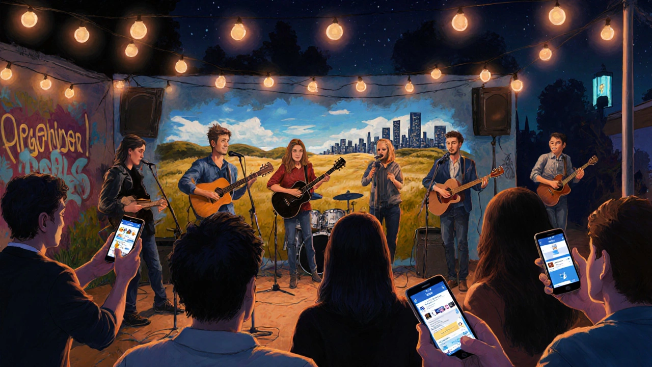 Evento musical en Los Ángeles con banda argentina y jóvenes en una noche de verano.