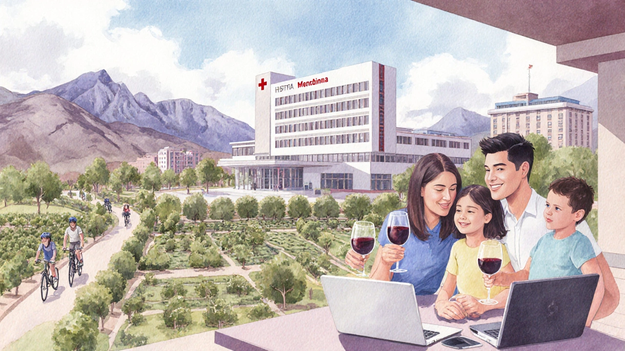 Familia en Mendoza disfrutando de la vida, con hospital, universidad y senderos al fondo.