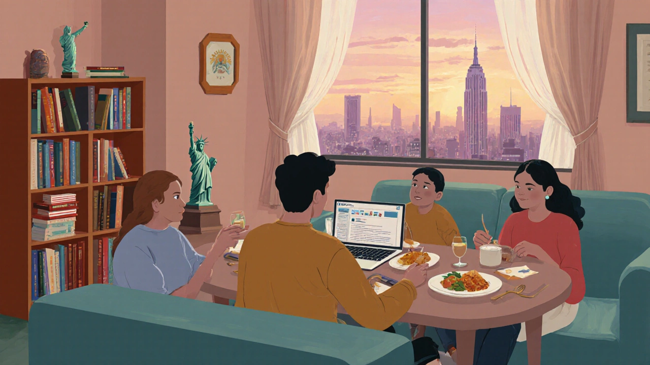 Familia greco‑argentina en su apartamento con libros y vistas de EE. UU.
