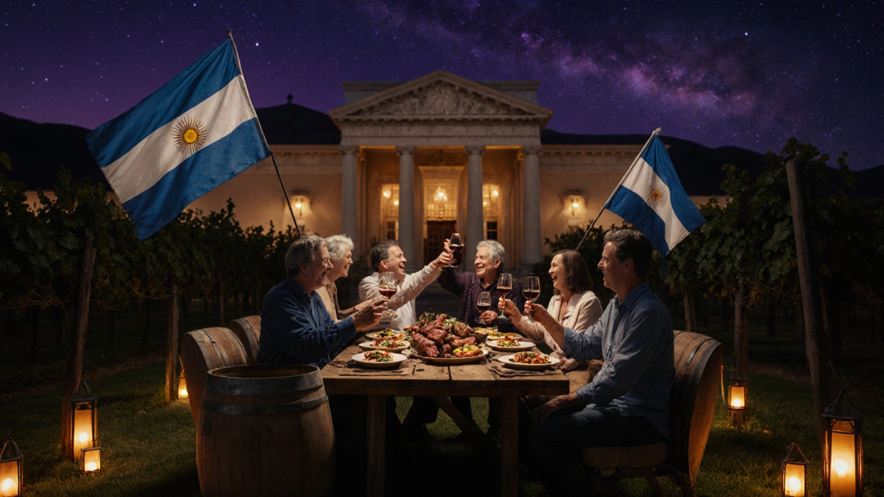 Familia griega‑argentina celebrando con vino en viñedo de Mendoza.