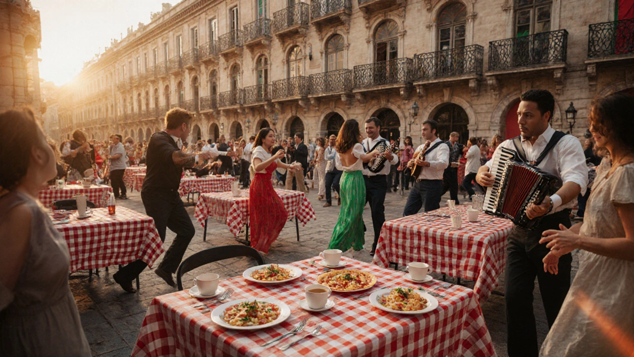 Festival cultural italiano en Buenos Aires con gente, comida y música al atardecer.