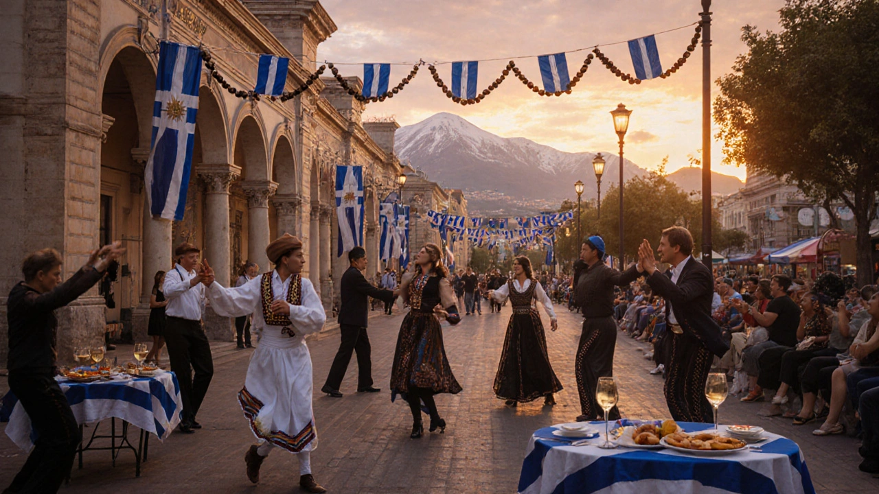 Festival griego en una calle de Buenos Aires con música, danza y comida.