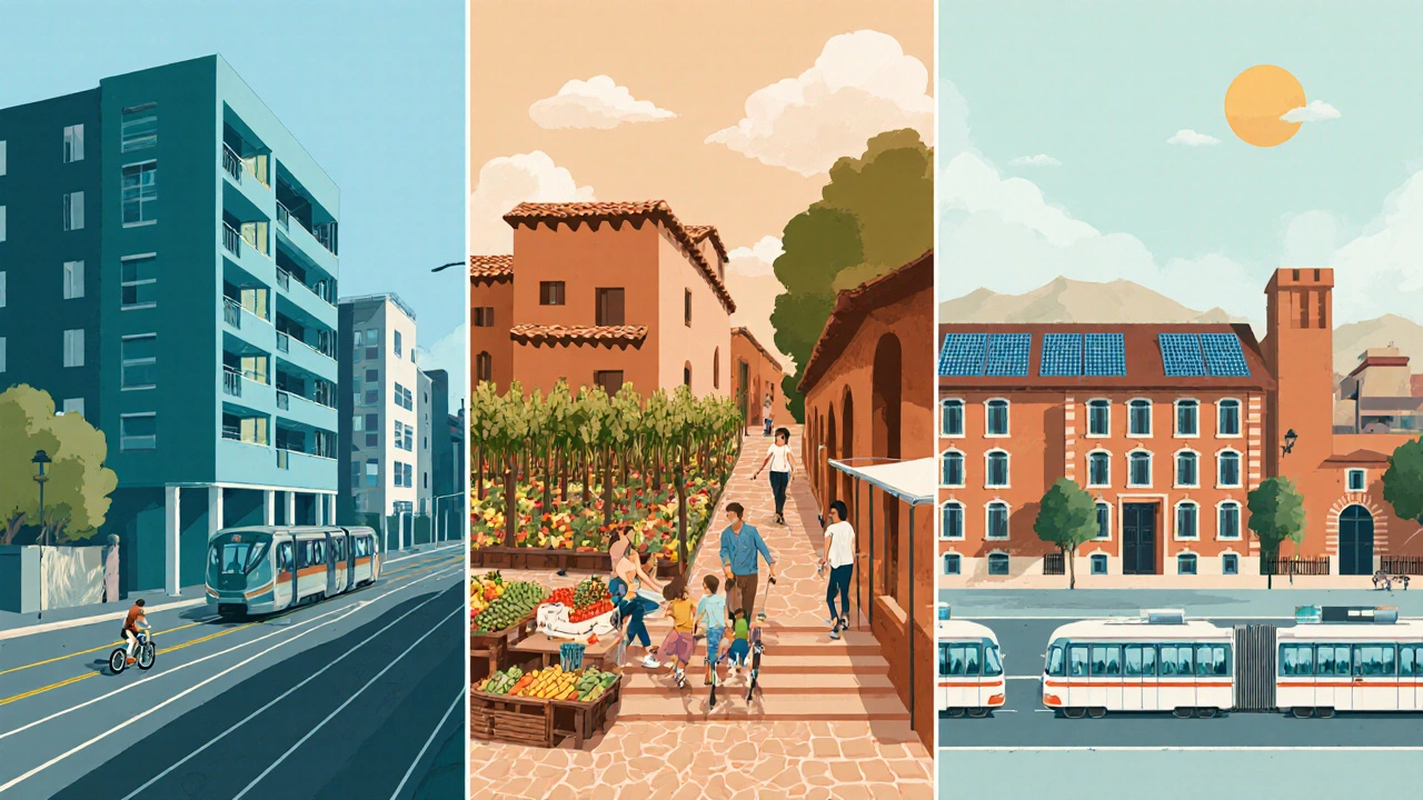 Ilustración dividida en tres paneles mostrando la vida cotidiana en Buenos Aires, Mendoza y Córdoba.