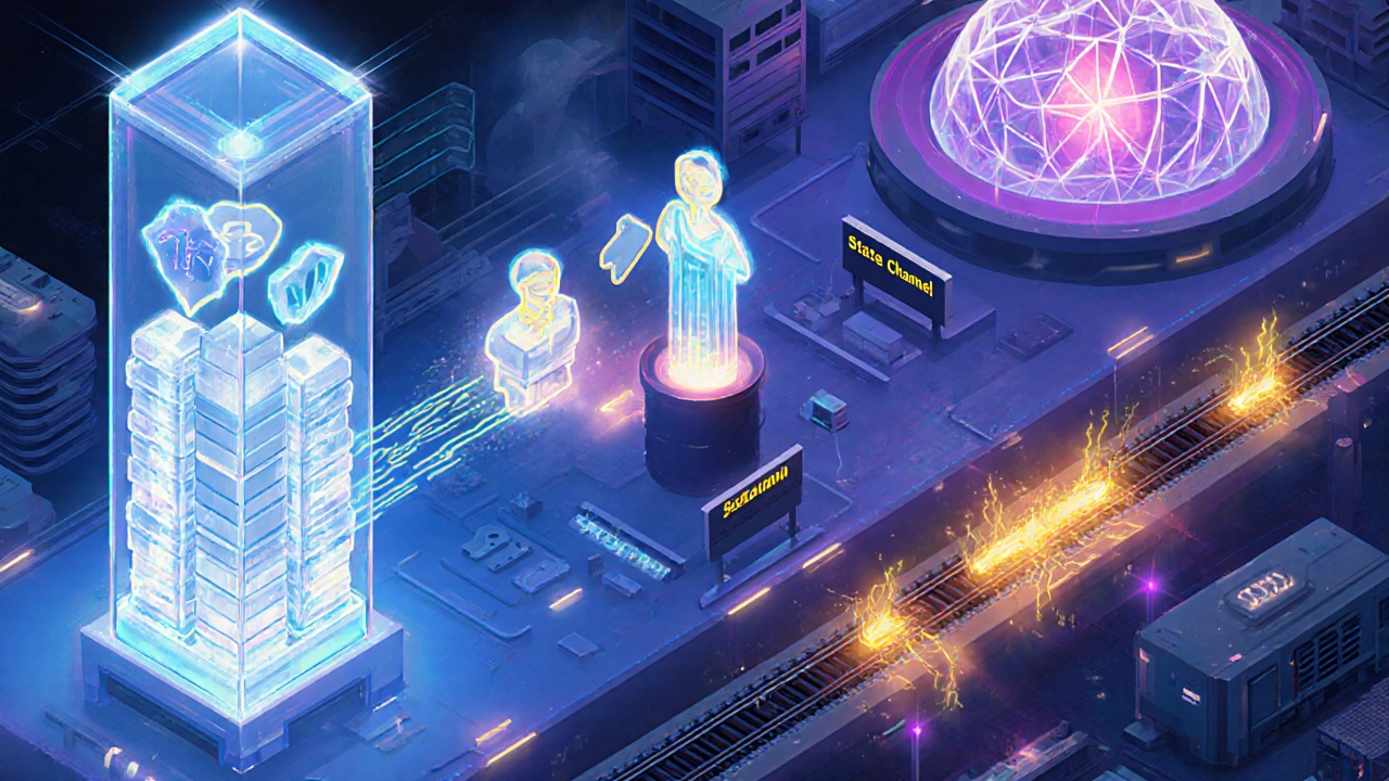 Ilustración isométrica que muestra torre Rollup, túnel State Channel, vía Sidechain y cúpula Plasma.