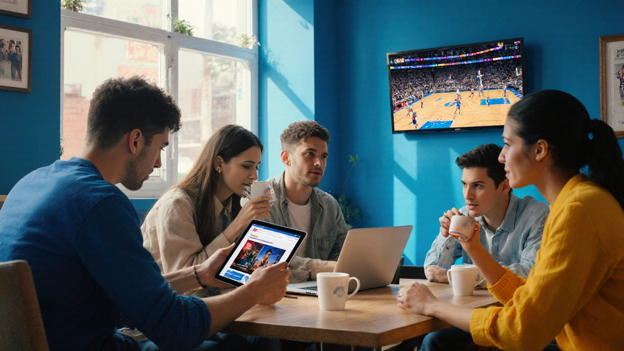 Jóvenes argentinos en café discuten series, tecnología y deportes estadounidenses.