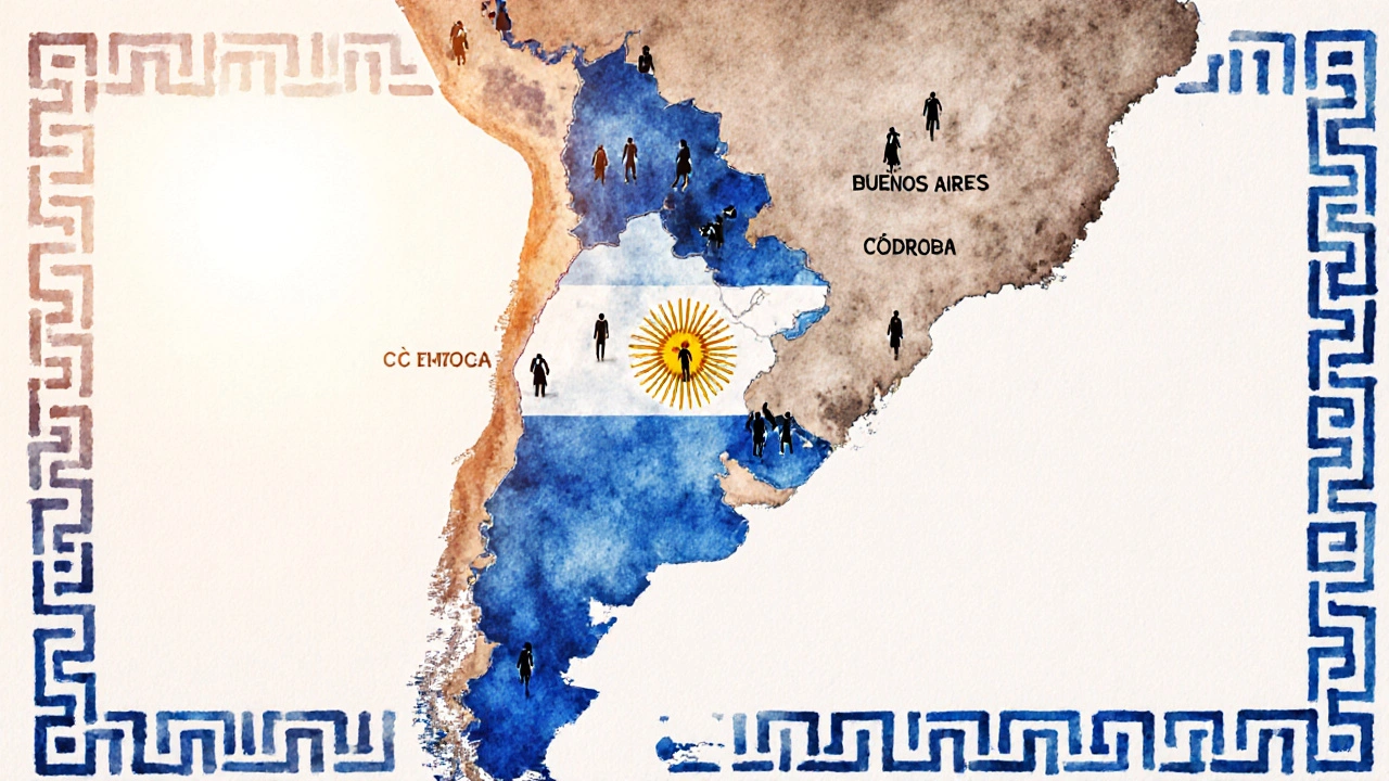 Mapa acuarelado de Argentina resaltando provincias con presencia griega.