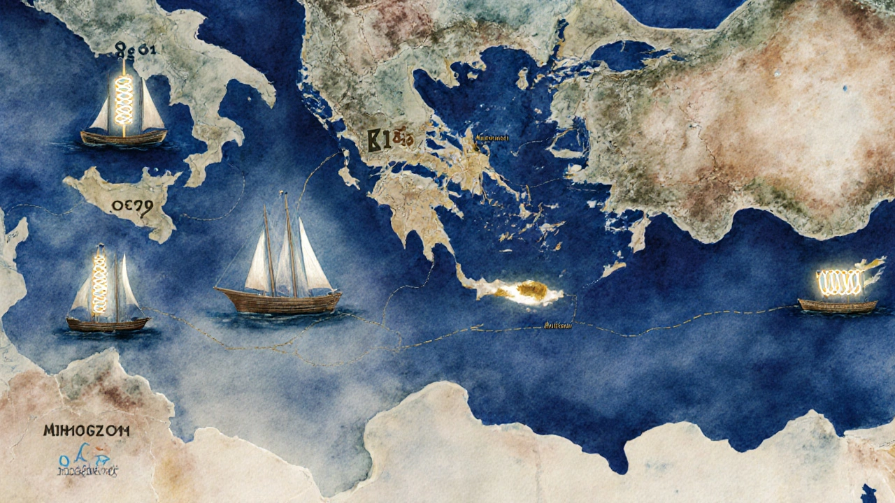 Mapa acuarelado del Mediterráneo con rutas marítimas y símbolos de ADN que indican los haplogrupos.