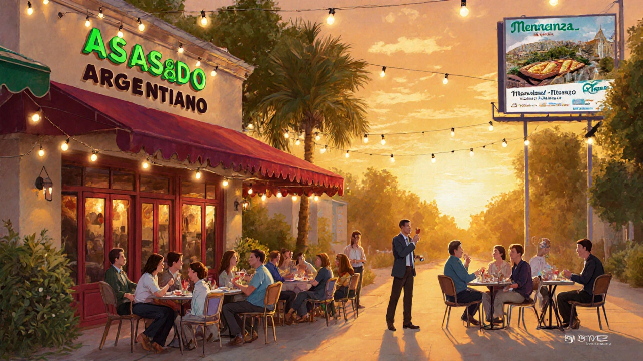 Restaurante argentino en Miami con familias disfrutando asado al atardecer.