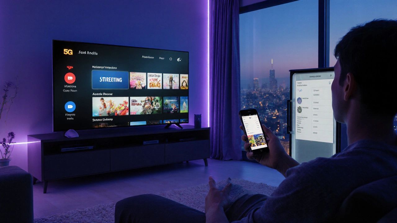 Sala de estar con televisor 4K, smartphone 5G y nevera inteligente, iluminada por luces LED al atardecer.