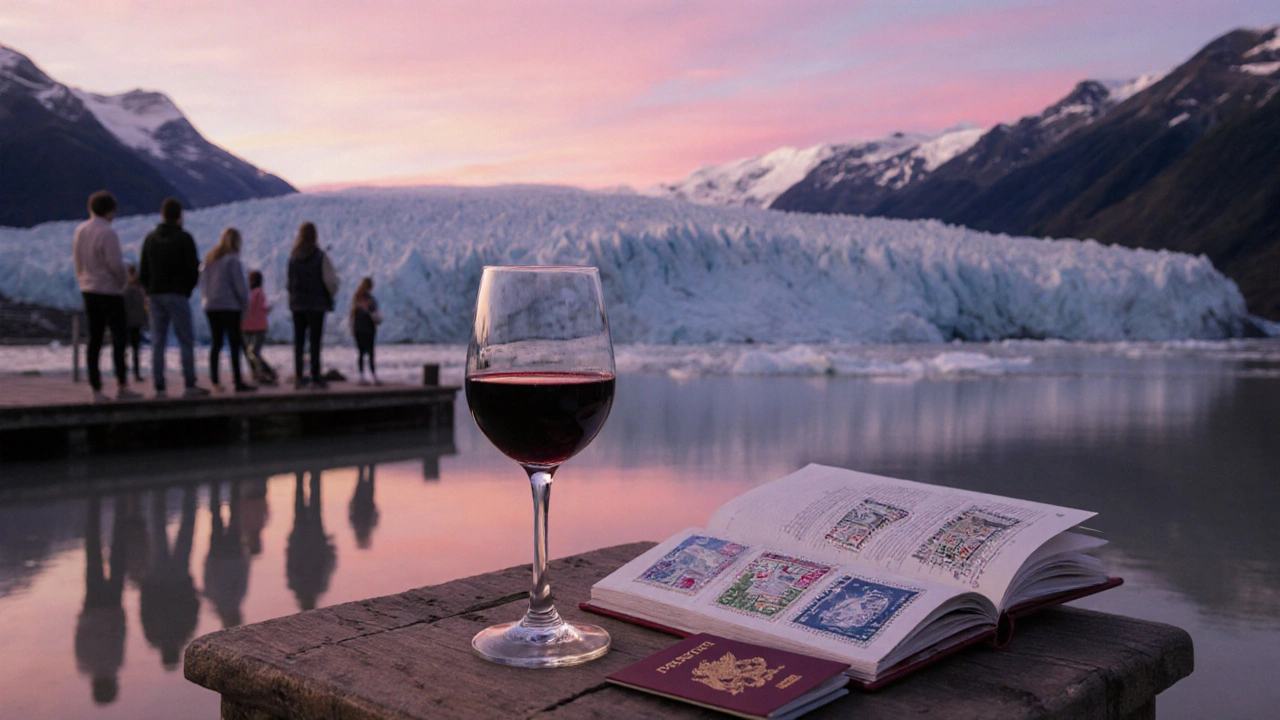Turistas en plataforma viendo el glaciar Perito Moreno al atardecer, con copa de vino y pasaporte.