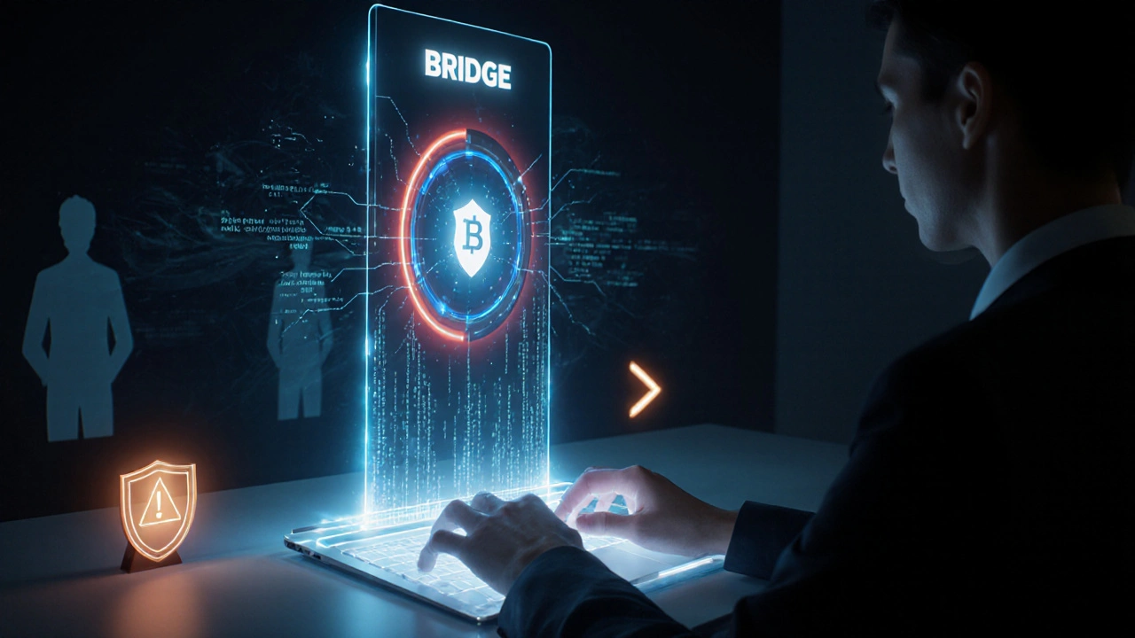 Usuario conecta su cartera a un portal holográfico de bridge con luces de seguridad y riesgo.