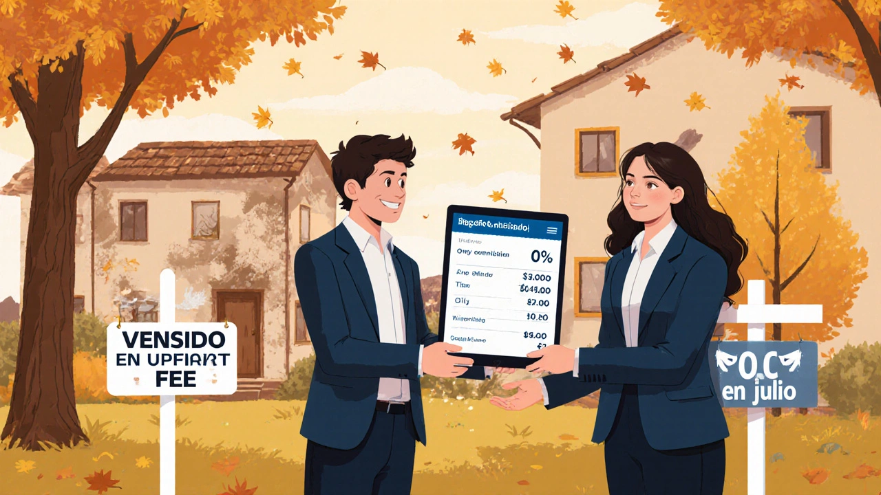 Agente inmobiliario entrega tablet a pareja con desglose de comisión solo por éxito, fondo de casa con señal de venta en julio.