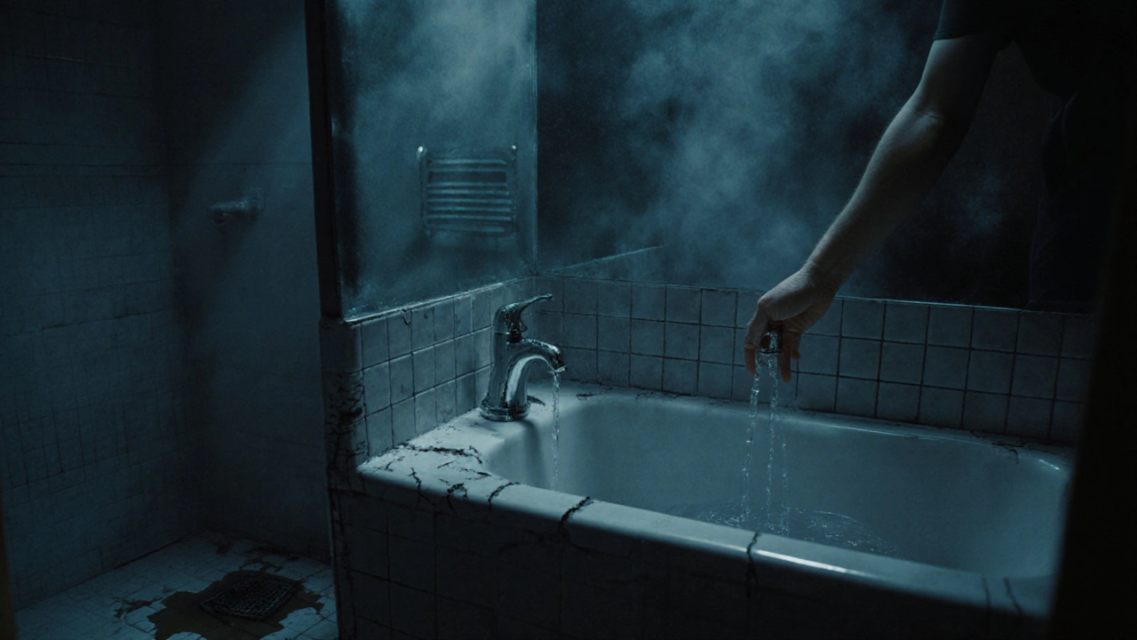 Agua gotea de un grifo en un baño con grietas en el revestimiento y acumulación de humedad en el piso.