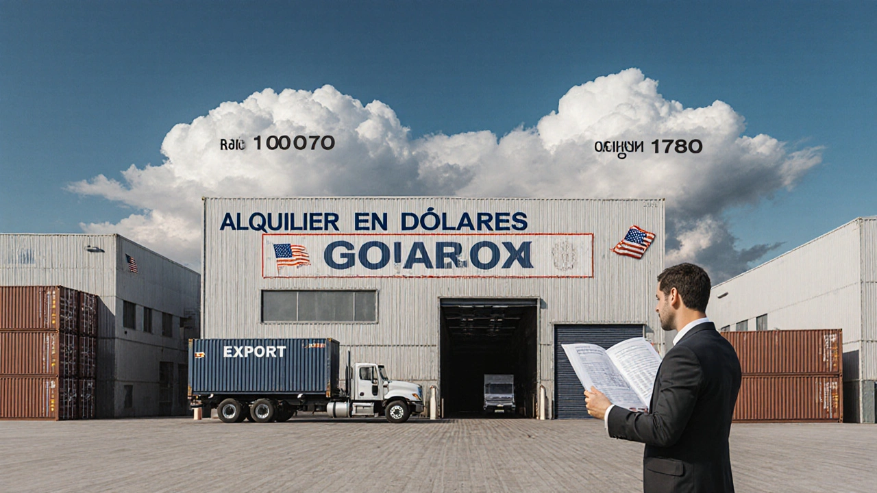 Almacén logístico en Rosario con alquileres en dólares y camión estadounidense, bajo cielo despejado.