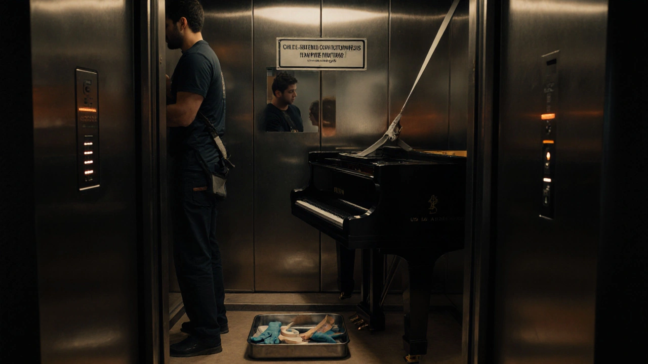 Ascensor con un piano protegido y materiales de protección, iluminado por una luz tenue.