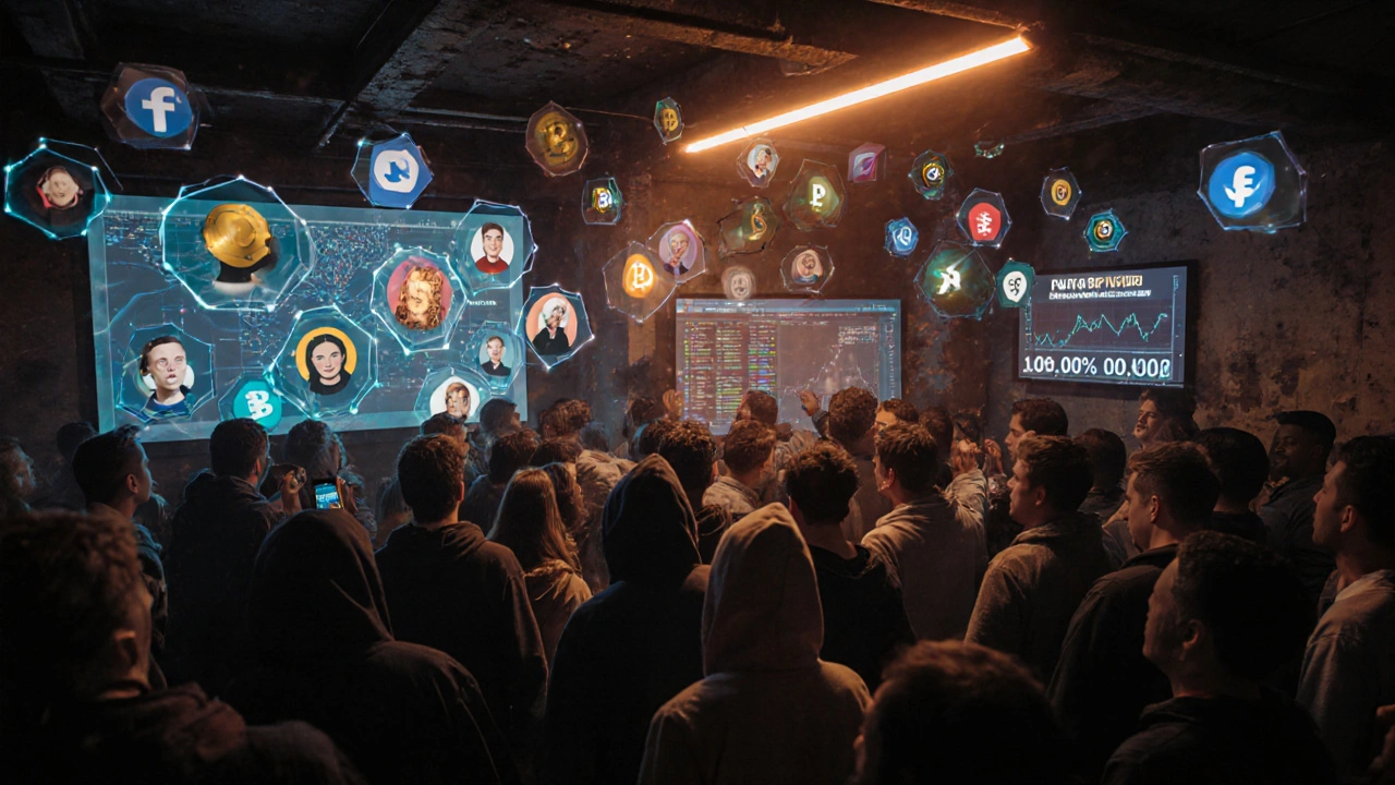 Auctioneers en un sótano de Buenos Aires observando una subasta en tiempo real de tokens Panshibi con NFTs y redes sociales flotando.