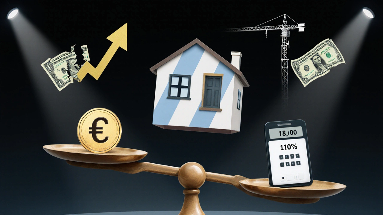 Balanza con peso y dólar, casa flotante y símbolos económicos representando la tensión del mercado inmobiliario argentino.