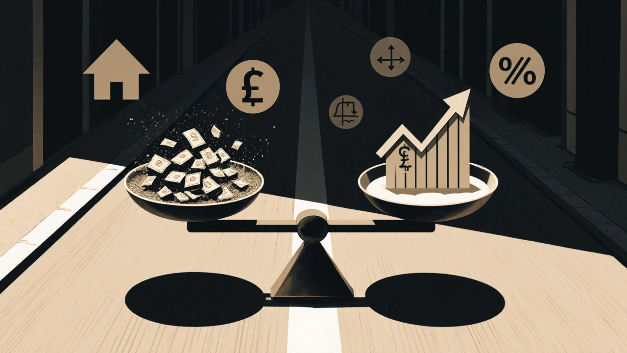 Balanza que compara pesos en descomposición con dólares y indicadores económicos estables.