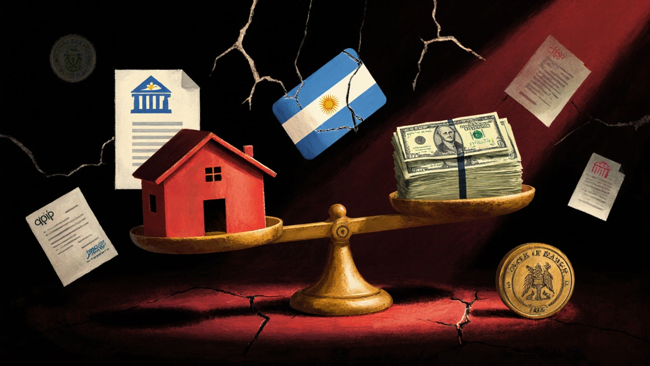 Balanza simbólica entre el valor de una propiedad y billetes argentinos, con documentos legales.
