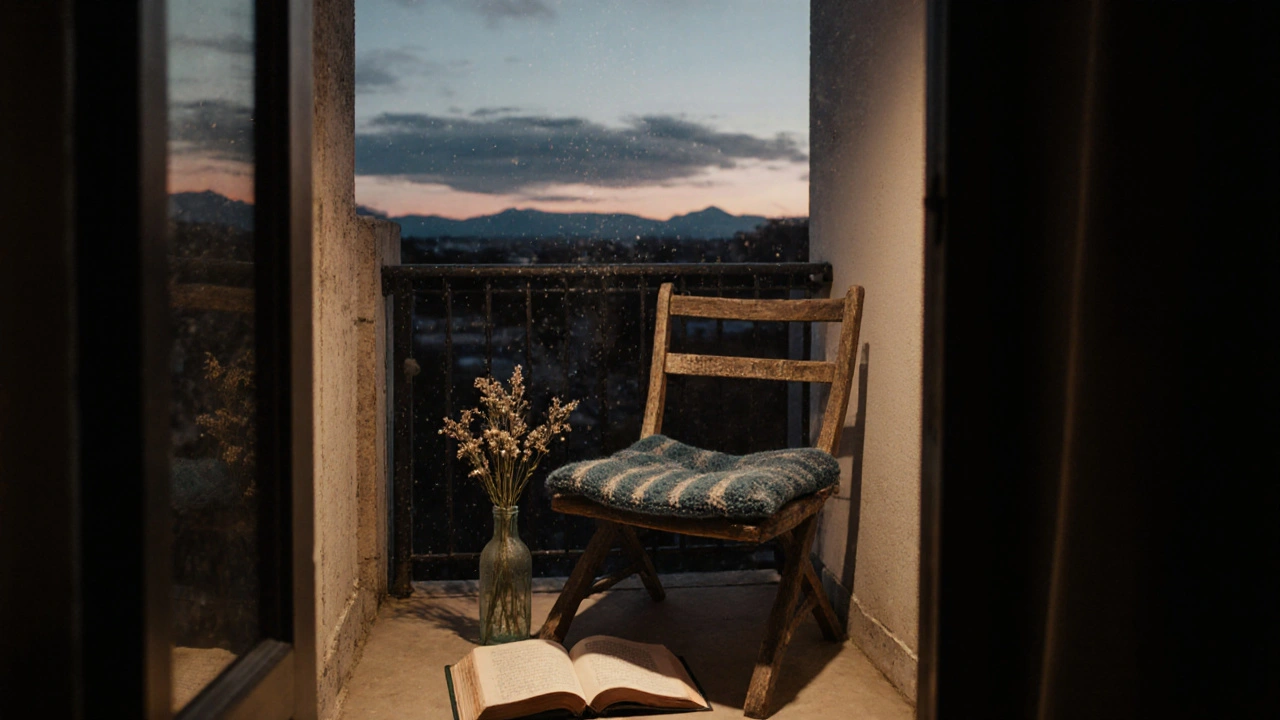 Balcón pequeño con silla de madera, cojín de lana índigo y botella de flores silvestres, iluminado por la luz suave de la tarde.