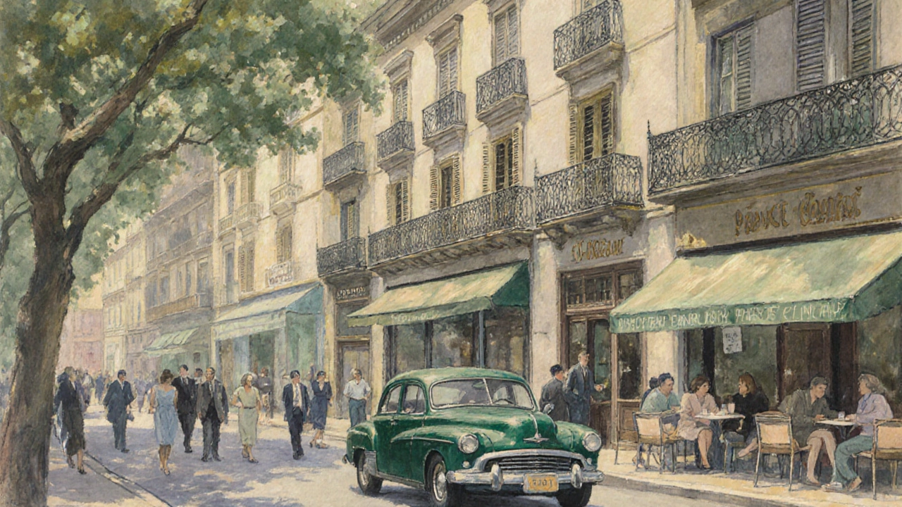 Calle elegante en La Recoleta con tiendas de lujo y árboles antiguos.