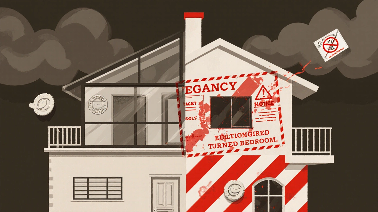 Casa dividida: lado legal con sellos oficiales y lado ilegal con advertencias rojas y multas flotantes.