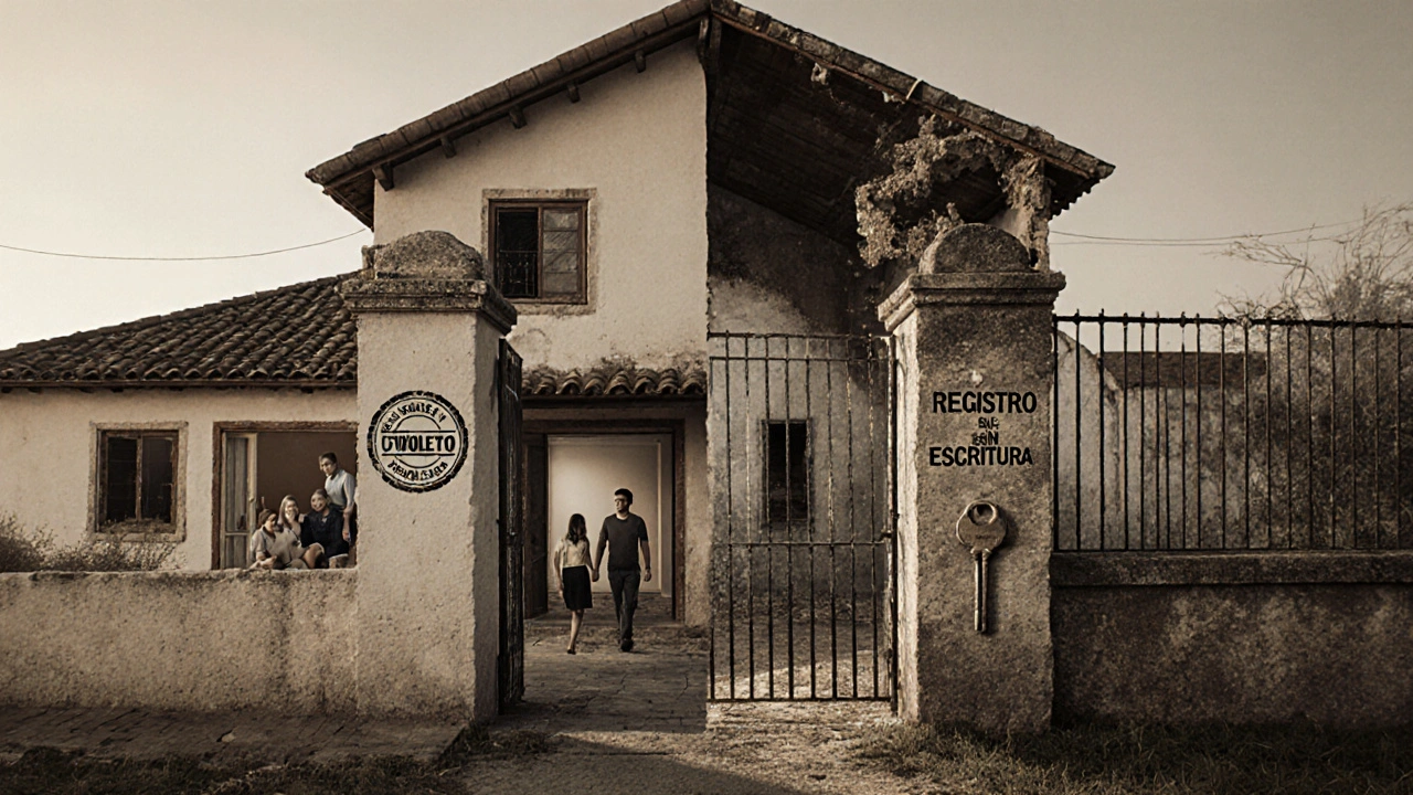 Casa dividida: una parte habitada con boleto, la otra desmoronada sin escritura, frente a una puerta de registro.