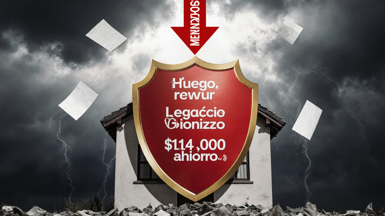 Casa protegida por coberturas esenciales mientras otras se desprenden, con flecha de ahorro de 4.000 al año.