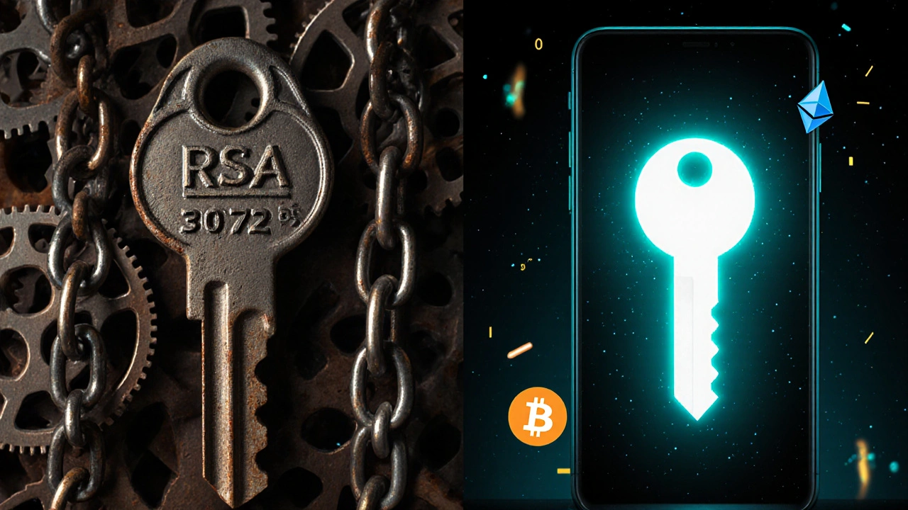 Comparación visual entre una clave RSA pesada y una clave ECC ligera y moderna en un dispositivo móvil.