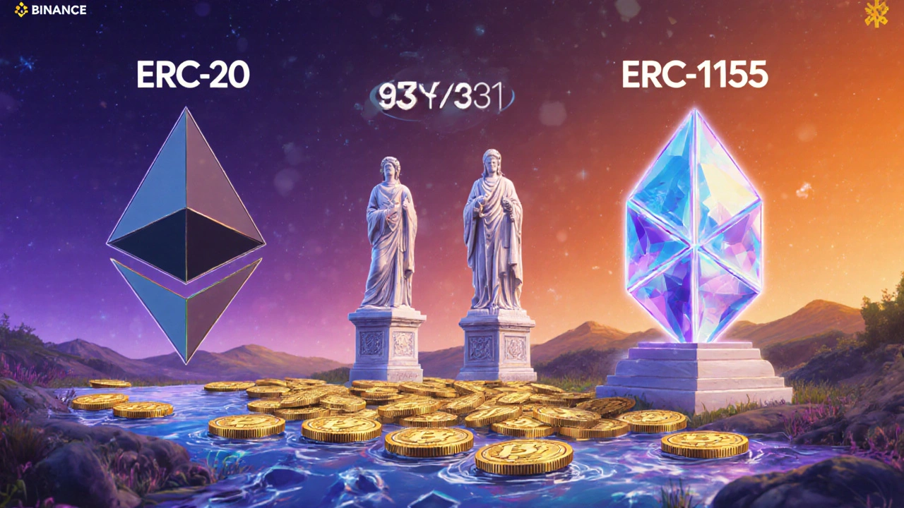 Comparación visual: monedas idénticas (ERC-20), estatuas únicas (ERC-721) y cristal modular (ERC-1155) en un paisaje digital.