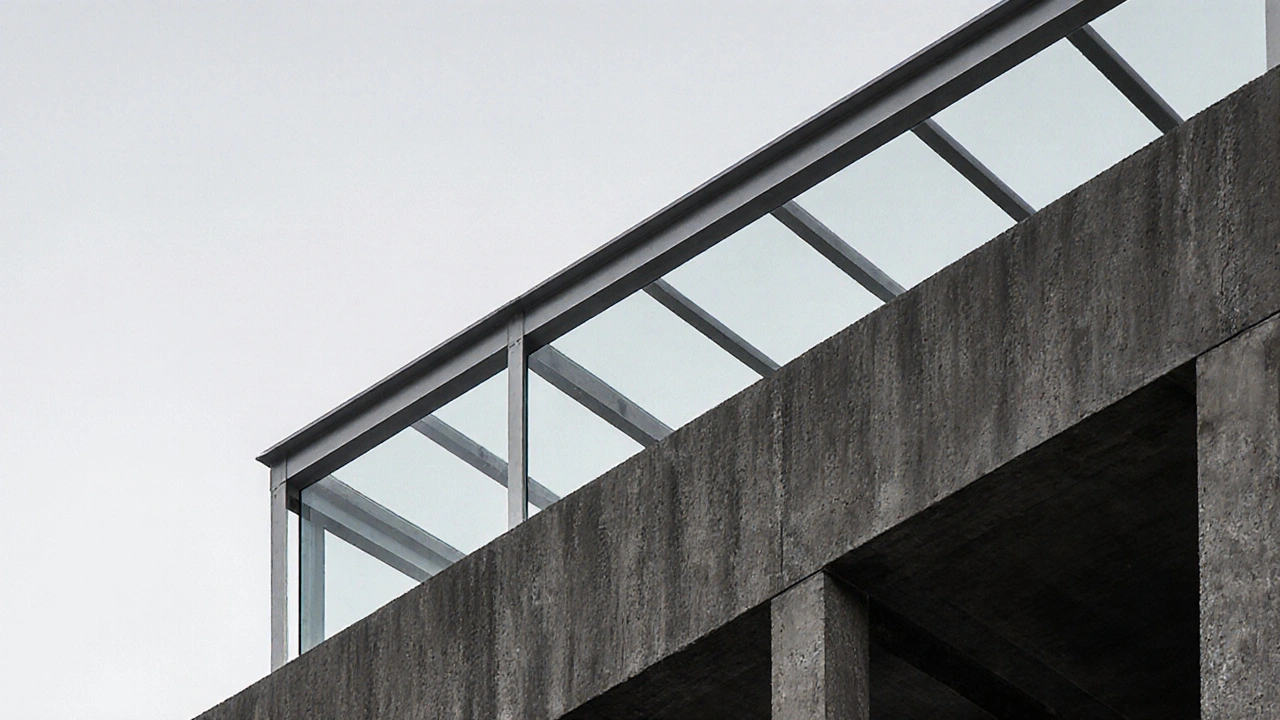 Composición arquitectónica que combina hormigón visto en la base y estructura de acero en la parte superior.