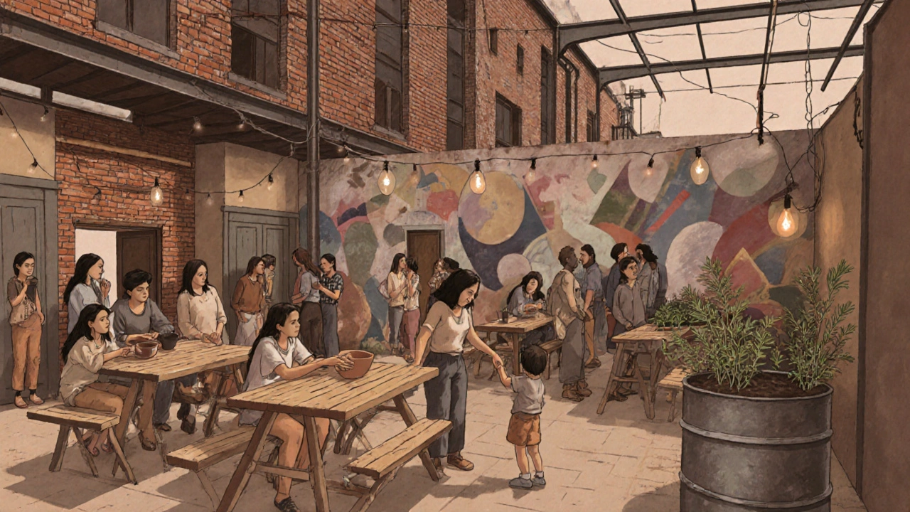 Comunidad reunida en un patio de galpón convertido, con vecinos, arte urbano y jardines compartidos en Barracas.