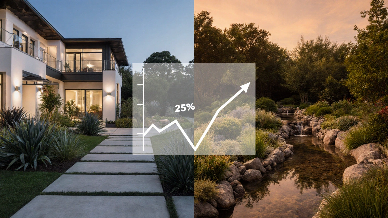 Contraste visual entre un jardín artificial y uno natural en dos casas idénticas, destacando el valor del paisajismo auténtico.