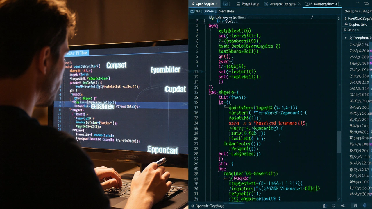 Desarrollador escribiendo código Solidity con OpenZeppelin mientras se muestra en tiempo real una transacción en Etherscan.