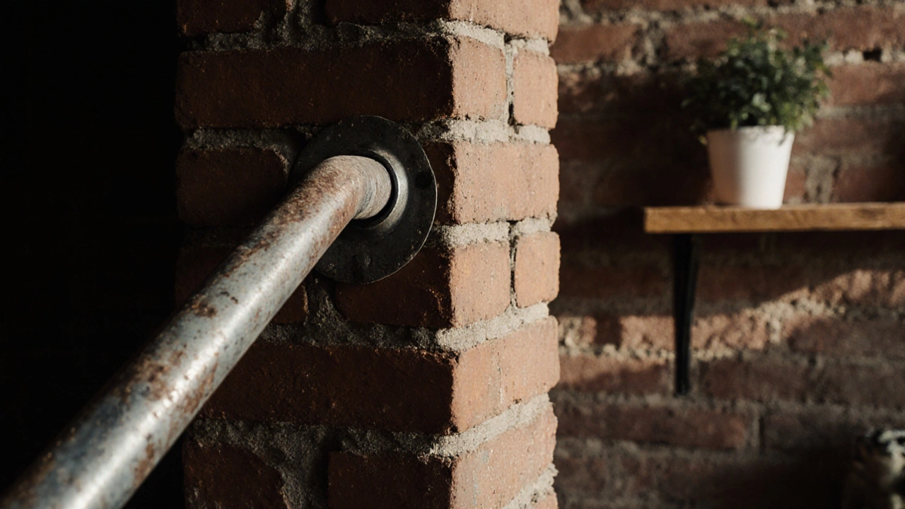 Detalle de esquina con ladrillo expuesto y tubo de acero como barandilla, con texturas naturales y poca iluminación.