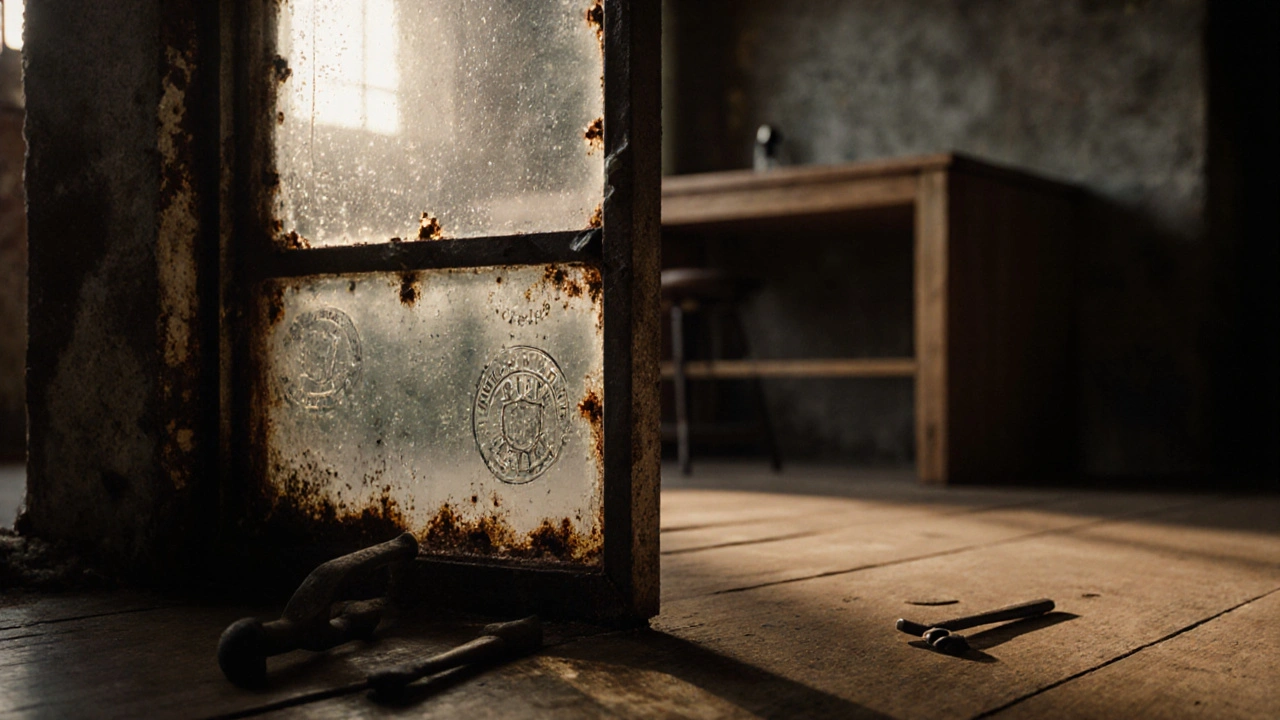 Detalles de elementos originales de un galpón industrial: vigas de hierro, vidrio antiguo y herramientas conservadas en el piso.