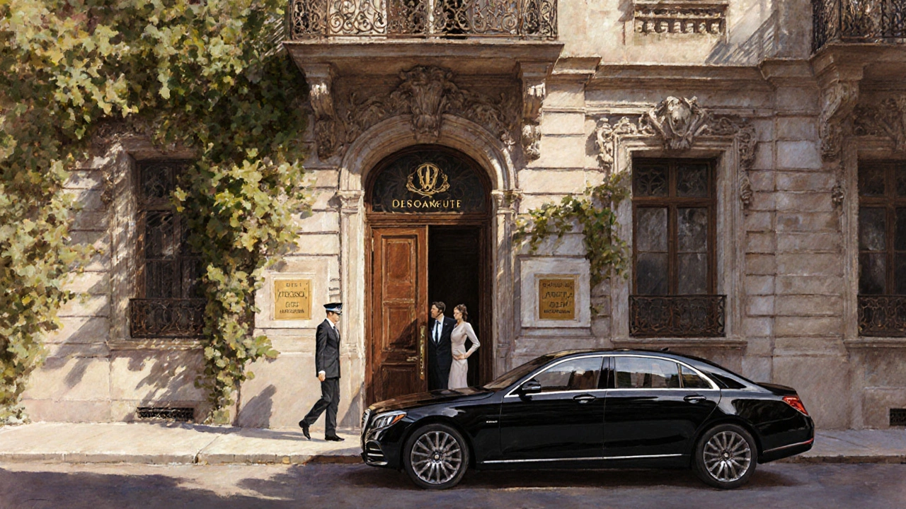 Fachada histórica de Recoleta con entrada de lujo y concierge recibiendo a residentes.