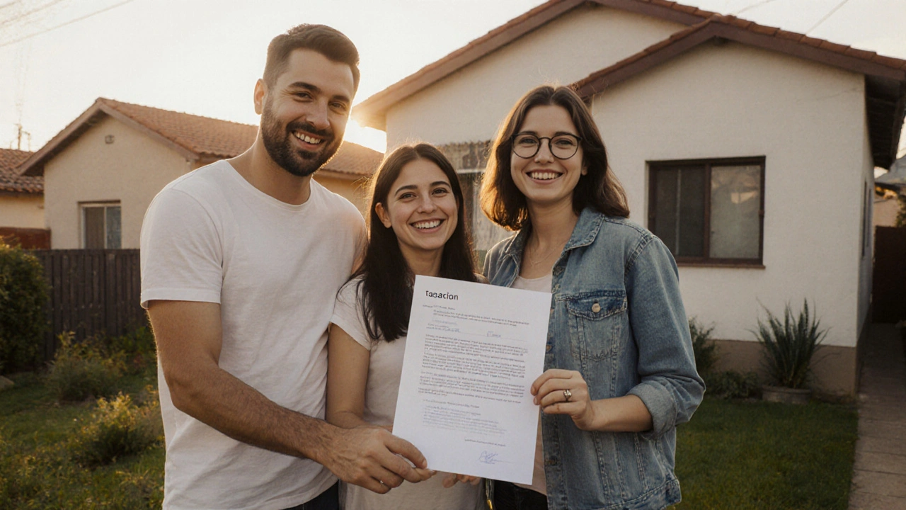 Familia sonriente sosteniendo el documento de tasación frente a su vivienda en Córdoba.