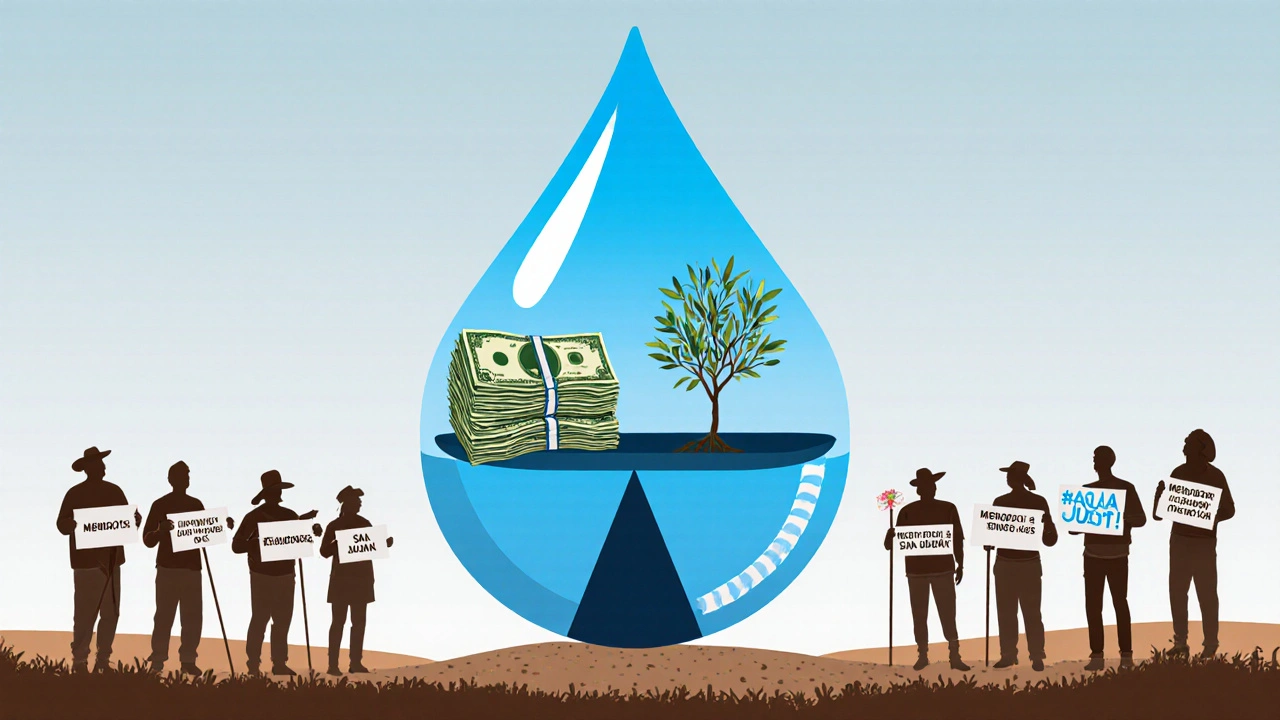 Gota de agua en balanza entre costos de riego y árbol de olivo con riego por goteo.