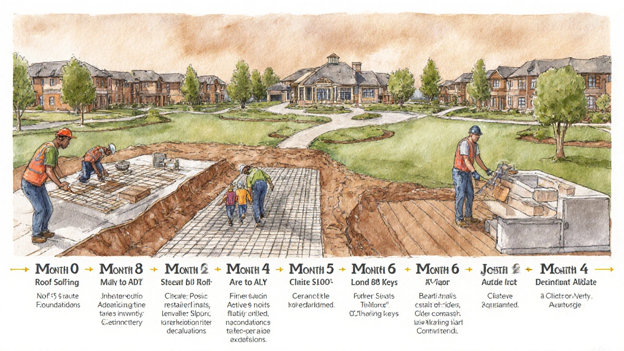 Ilustración secuencial de la construcción de una casa en nueve meses en un barrio cerrado.