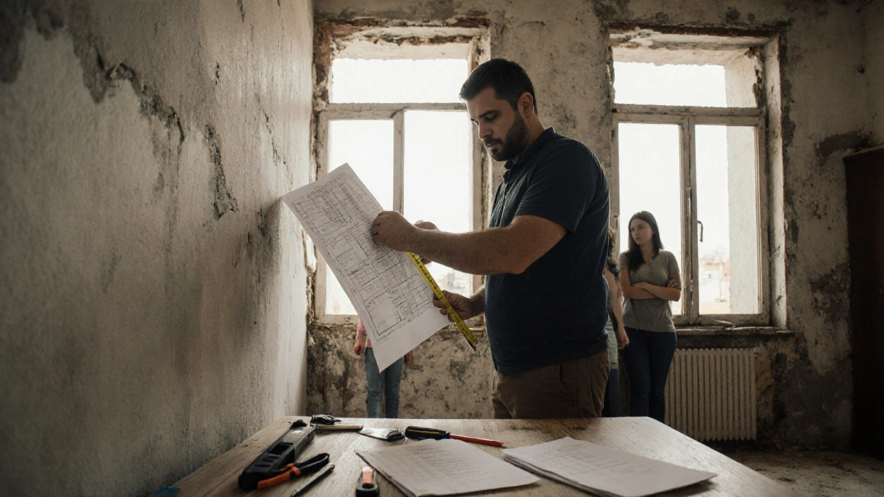 Inspector inmobiliario midiendo paredes en casa con modificaciones no declaradas, plano en mano, familia observando.
